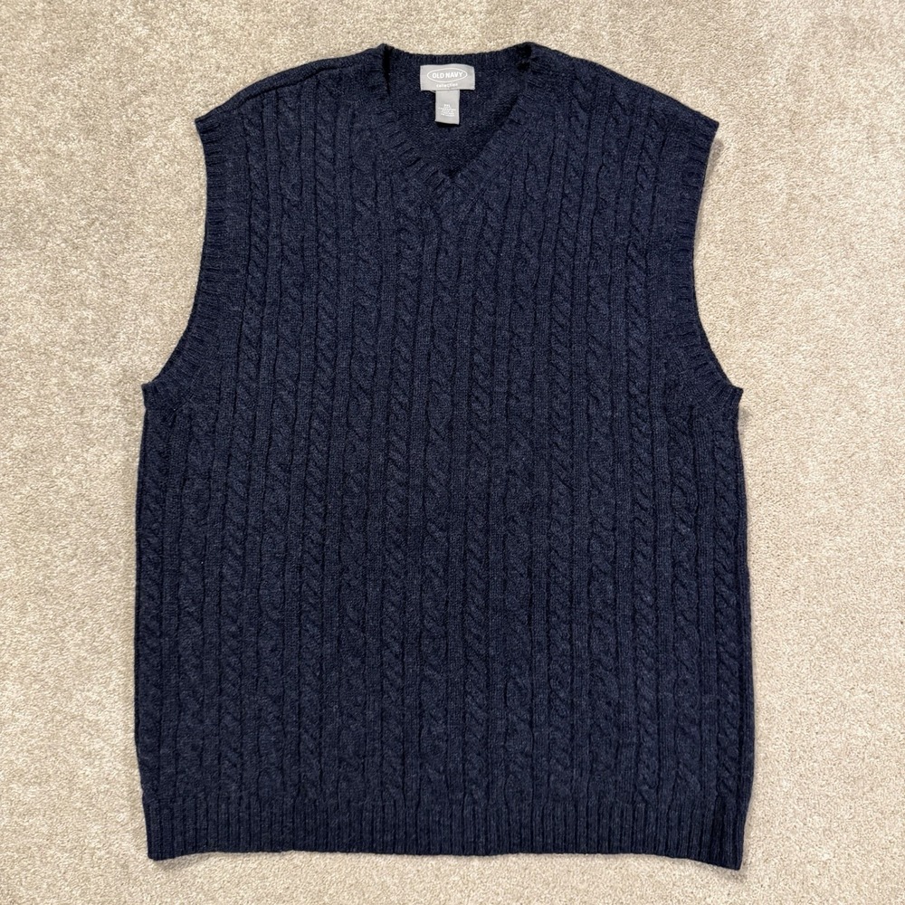 Vtg Cable Knit Lambswool Sweater Vest XXL Navy Blue Academia Preppy Old Navy